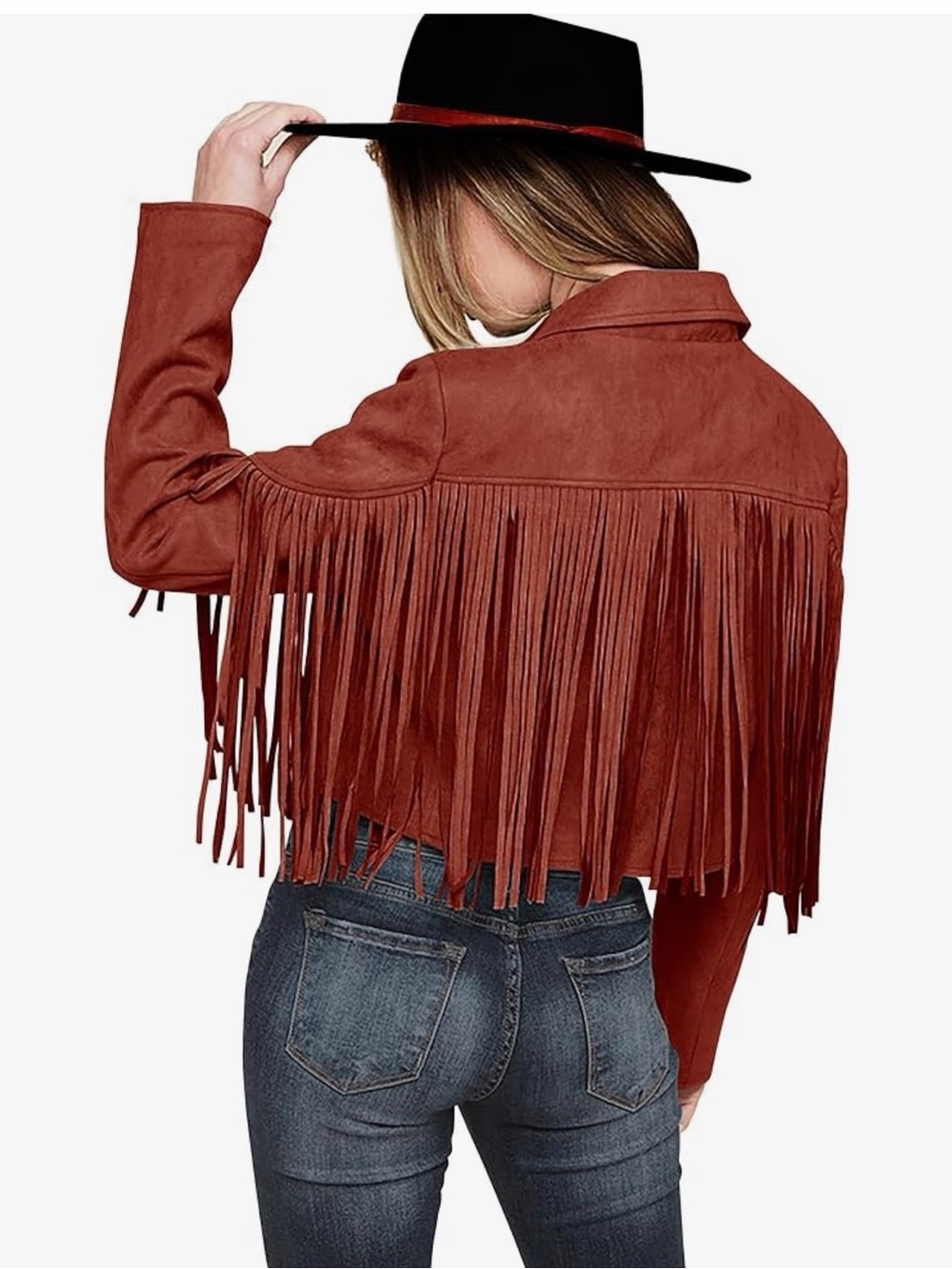 Pretty Garden Brick Red Fringe Suede Crop Jacket - Classic Western Style